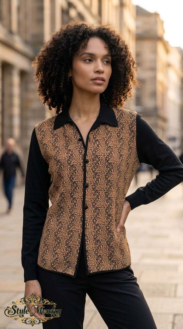 Unbranded Button Up Cardigan Sweater Size 38 Black Gold Paisley Knit Top